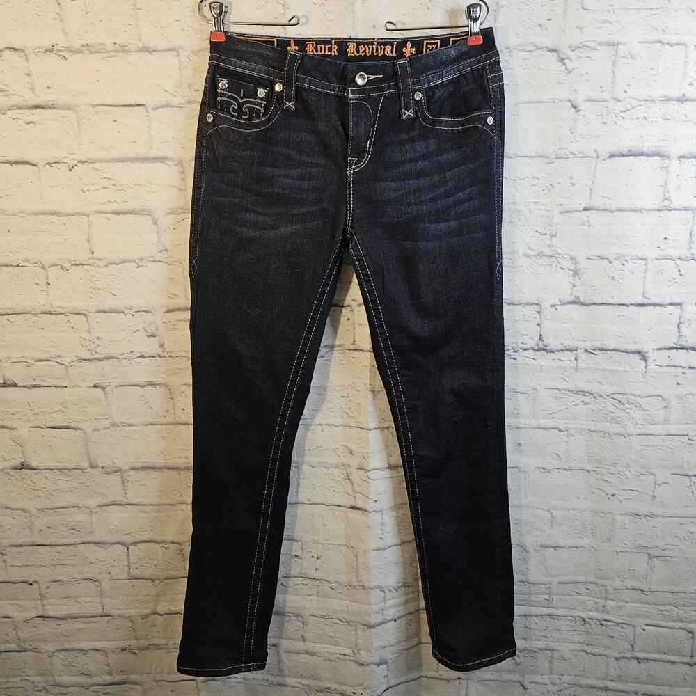 Rock Revival Jeans Women’s 27 Jessica Curvy Mid-Rise Blue Dark Wash Bling Denim